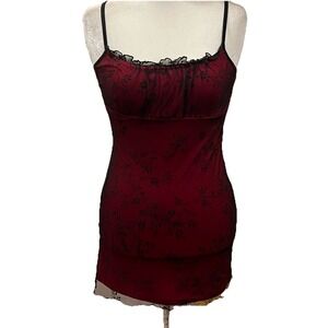Vtg Y2K Women's Buyer Too Red Whimsigoth Slip Dress Black Mesh Floral Romantic S